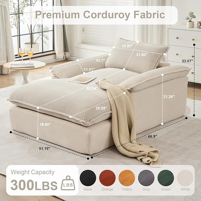 GNIXUU 67 Oversized Chaise Lounge Chair Indoor Corduroy Upholstered Boneless Sleeper Sofa Bed Comfy Large Reading Chair with Wide Armrests Plush Cloud Couch for Living Room BedroomBeige