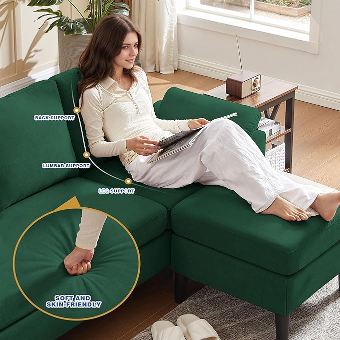 80 Convertible Sectional Sofa Small L Shaped 3 Seat Couch with Reversible Storage Chaise Modern Polyester Fabric Sofa Couches for Living Room Apartment and Small Space Green