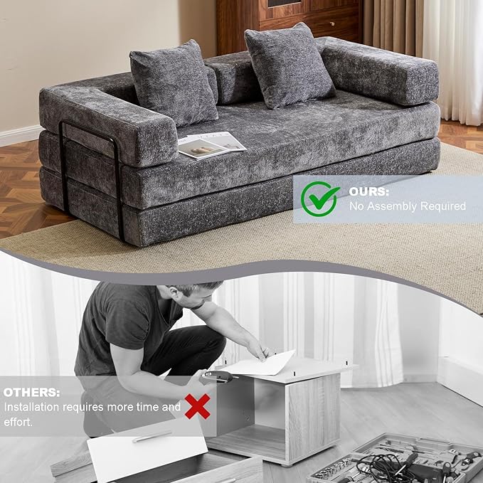 Folding Sofa Bed Modular Sectional Cloud Couch Convertible Sleeper Sofa Bed with Pillow Back Support Armrest for Living Room Bedroom Lounge No Assembly Required Chenille (Dark Grey)