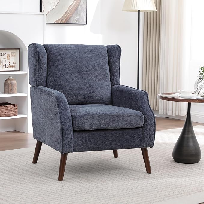 Accent Chair for Living RoomMid Century Modern Wingback Chair for BedroomUpholstered Armchair with Lounge Seat and Wood Legs for Office Apartment Small Room 1PCS Blue