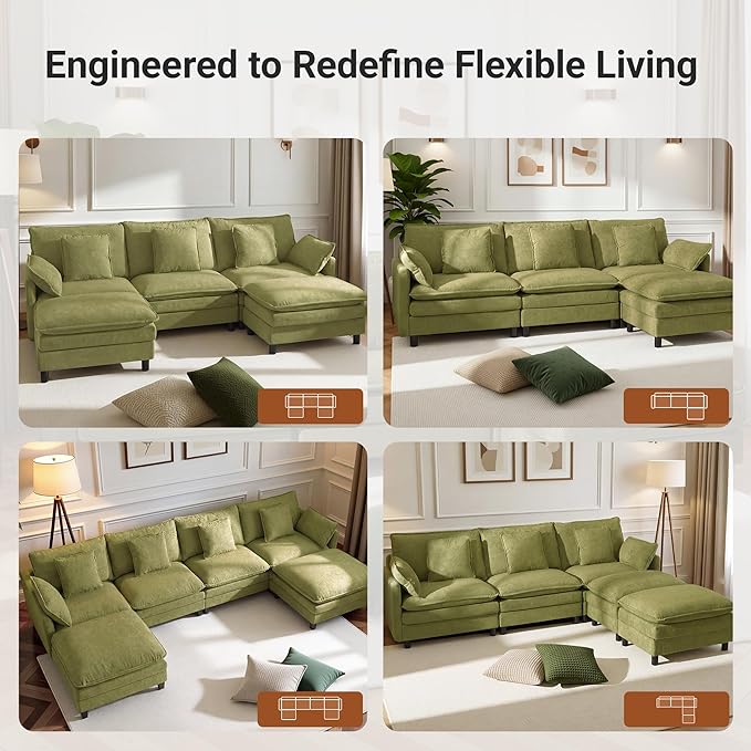 110 U-Shaped Modular Sectional Couch Modern Cloud Couch with Ottoman 5-Seat Chenille Sofa with Pillows Deep Seat Comfy Couch for Living Room Bedroom Green