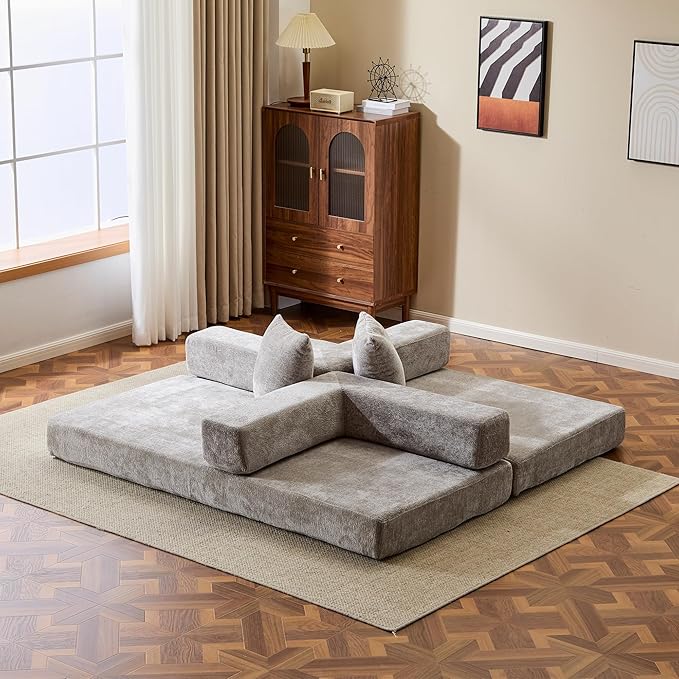 Folding Convertible Sofa Bed 4-in-1 Boneless Couch Sleeper Sofa 76.8'' Chenille Foldable Mattress Couch with Fixed-Shape Frame Floor Sofas Modular Futon Couches for Living Room Light Grey
