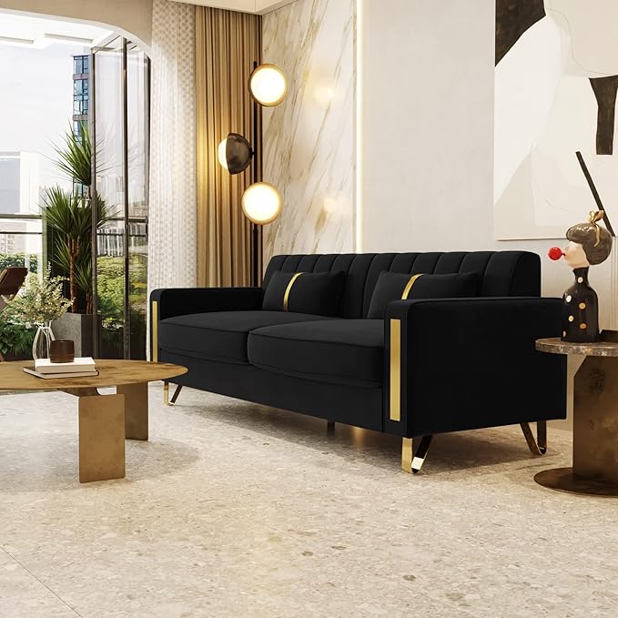 85.63 Modern Black Velvet Sofa with Gold Metal Legs Large Upholstered Comfy 3 Seater Couches for Living Room Bedroom Office (Black)