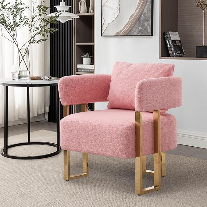 Oversized Pink Teddy Accent Chair Modern Barrel Chair with Gold Legs Metal Frame Upholstered Armchair for Bedroom Living Room Sofa Chair Club Side Chairs Home/Business (Set of 2 Pink)