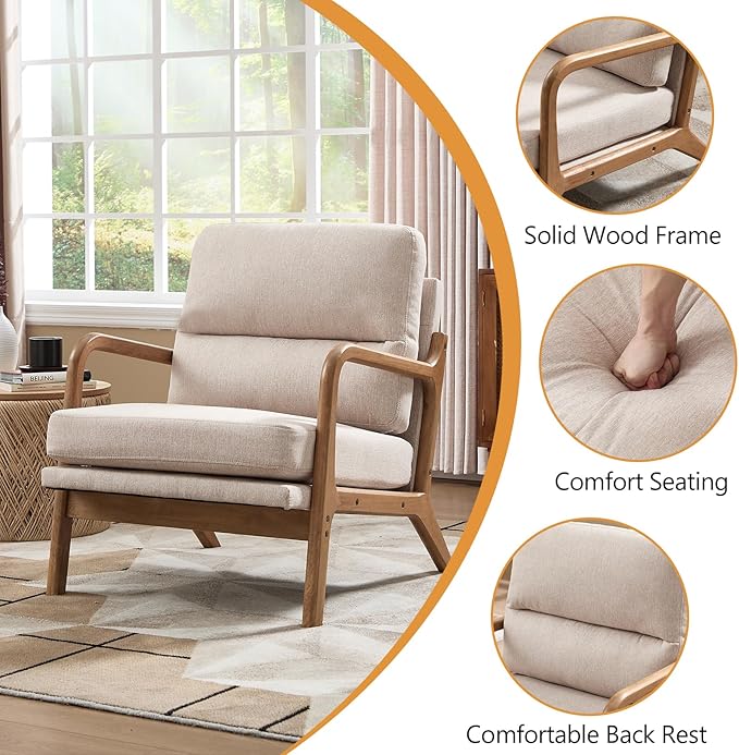 Bonzy Home Mid Century Modern Accent Chair Upholstered Reading Armchair with Solid Wood Frame &amp Thick Cushion Comfy Lounge Chair for Living Room Bedroom Apartment Beige