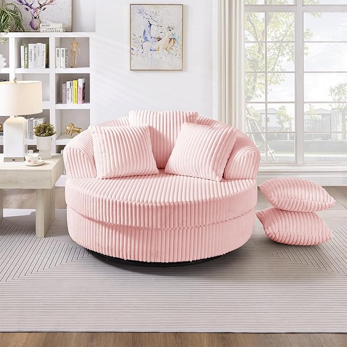 360 Degree Oversized Swivel Chair 50 Round Lounge Chair Modern Accent Circle Chair W/ 5 Pillows Upholstered Corduroy Sofa Chair for Living Room Bedroom Apartment Pink