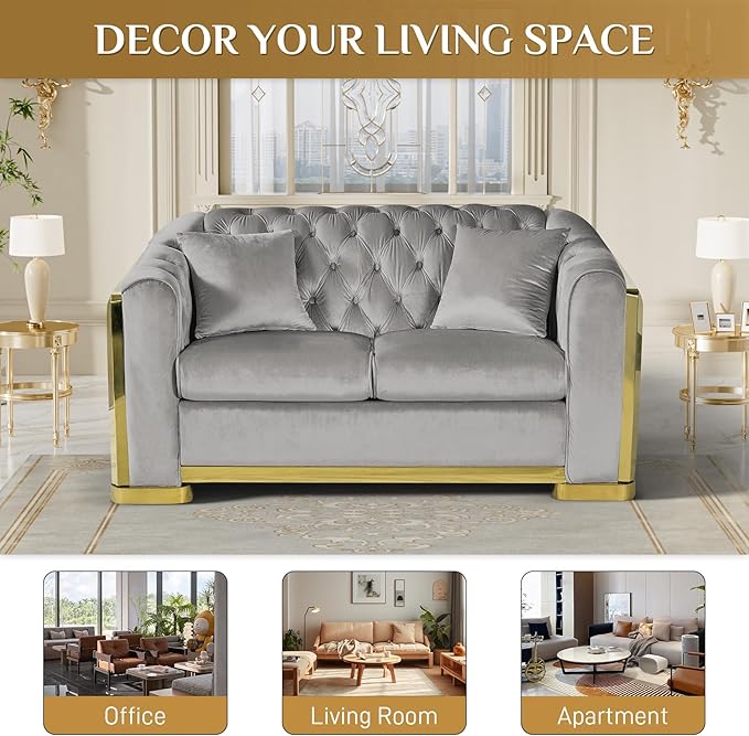 Luxury Velvet Chesterfield Sofa for Living Room 62.2 Comfy Mid Century Modern Victorian Curved Loveseat Couch Deep Seat Couches Tufted Sofas with Gold Legs for Apartment Grey