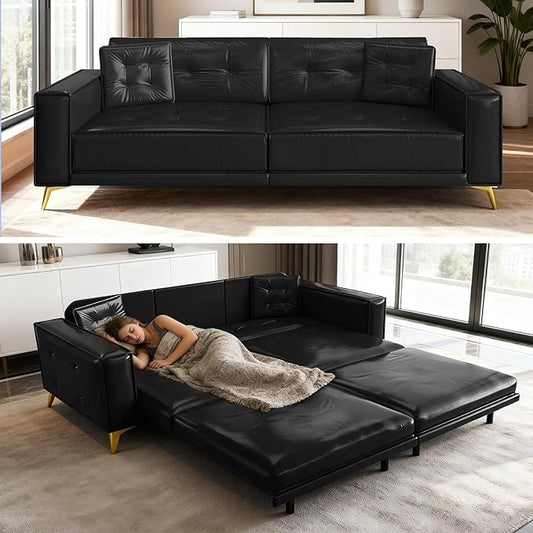 92 King Pull Out Sofa Bed PU Leather Convertible Sleeper Couch with Tufted Design Oversized 4-Seater Modern Mid Century Sectional Couch for Living Room Small Spaces Black