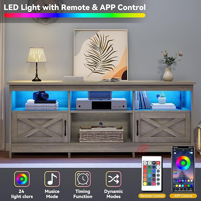 DWVO Farmhouse TV Stand with Power Outlets &amp LED Lights Entertainment Center for TVs up to 80 TV Console with Storage Cabinets &amp Open Shelves for Living Room (Washed Grey)