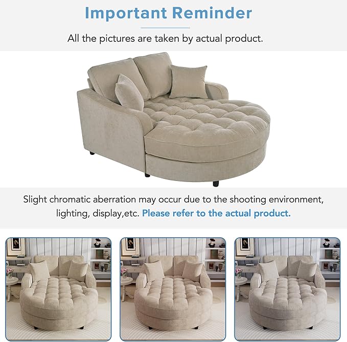 55 Oversized Chaise Lounge Chair Comfy Chenille Chaise Sofa Recliner Bed Upholstered Sleeper Couch Bed with Armrests and Detachable Pillows for Living Room Movie Room Bedroom (Champagne)