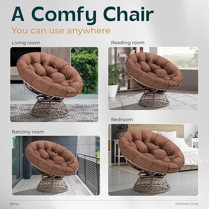 Bme 40 Ergonomic Wicker Papasan Chair with Soft Thick Cushion &amp Frame 360° Swivel Circle Reading Comfy Chair for Living Room Bedroom