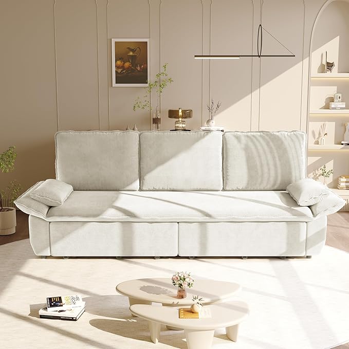 94.5'' Sleeper Sofa Bed King Size Modern Corduroy Pull Out Couch 3-in-1 Convertible Futon Sofa 3 Seater Couches Cloud Recliner Pillow Arm for Living Room Apartment Offices Beige