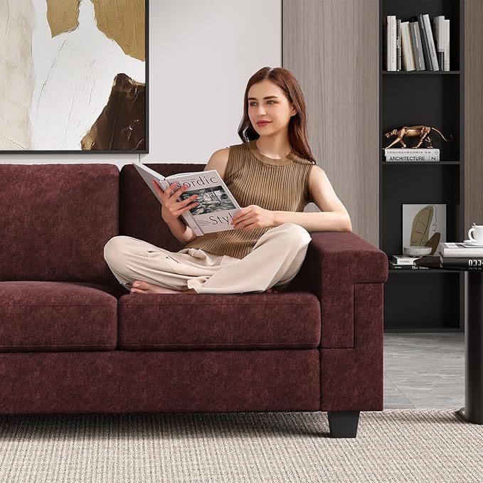 3 Seater Sofa Couch with Deep Seat 90 Modern Upholstered Sofa with Armrests Easy Installation Comfy Couches for Living Room Apartment Burgundy