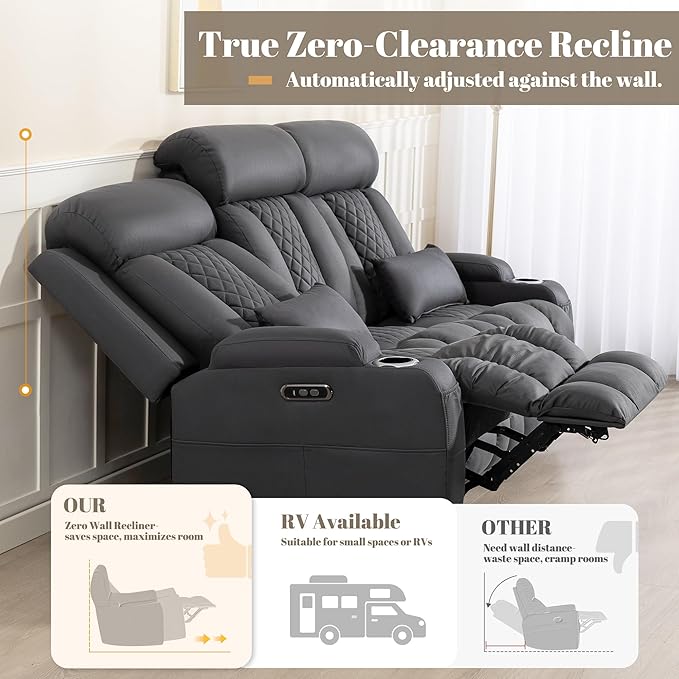 Zero Wall Hugger Power Reclining Sofa with Adjustable Headrest Electric Reclining Couch with Drop-Down TableOutlets Power Loveseat Recliner Sofa for Living Room (Gray 3 Seat)