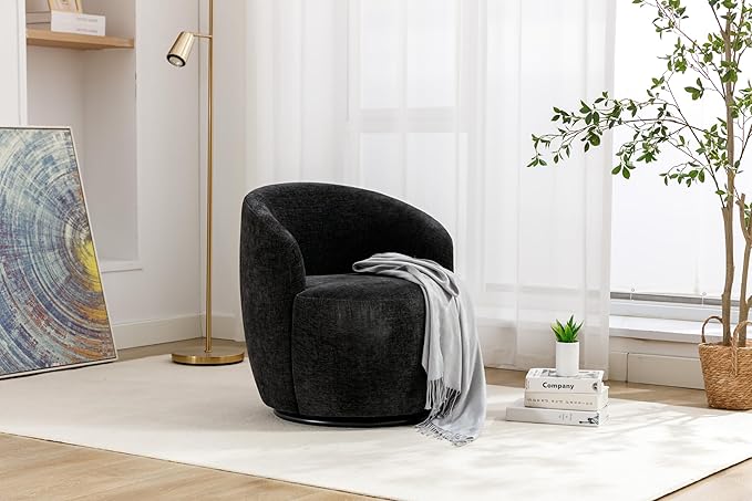 Stylish Chenille Swivel Accent Chair Black 360 Degree Rotation Barrel Chair for Living Room