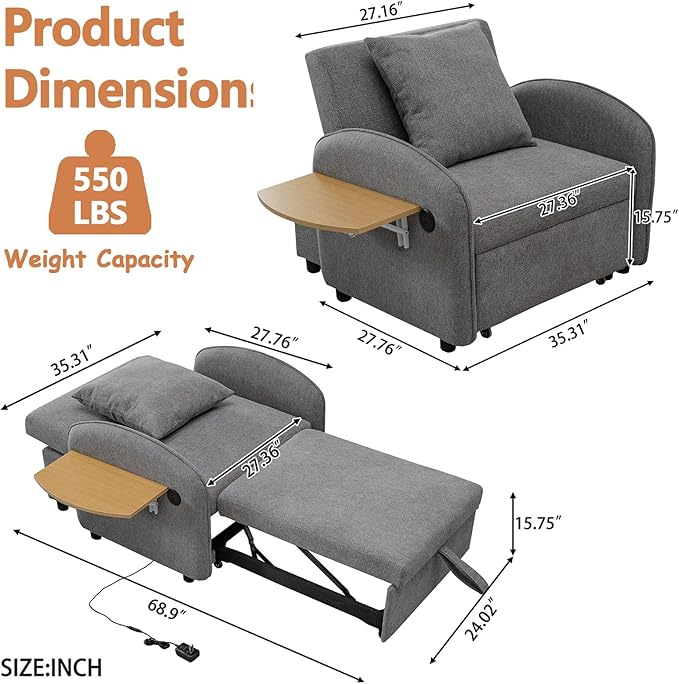 3-in-1 Convertible Sleeper Chair Pull Out Bed for Adults Fold Out Chair &amp Single Sofa Bed with USB Port &amp Foldable Table Pillow Adjustable Backrest for Dorm/Bedroom (Grey)