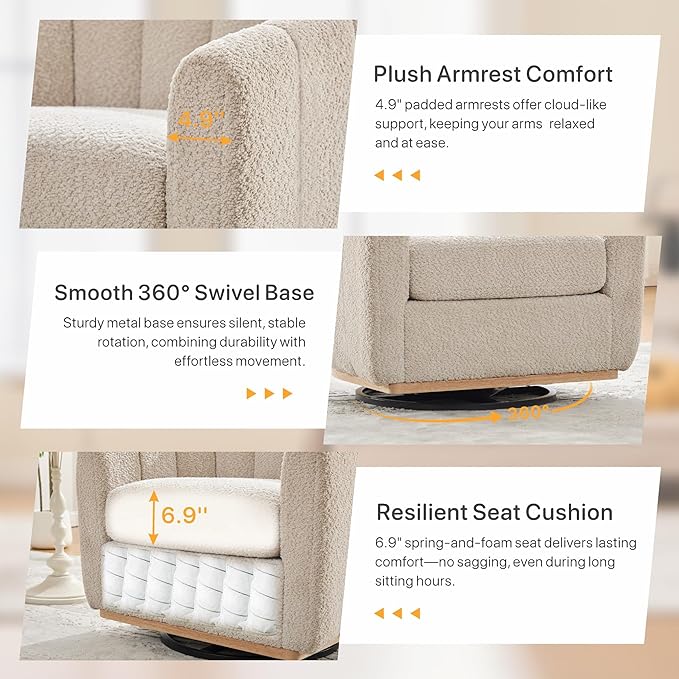 Velvet Swivel Chair Accent Chair 31.9 W Modern Upholstered Pumpkin Barrel Chair Single Sofa Armchair for Living Room Bedroom Wheat.