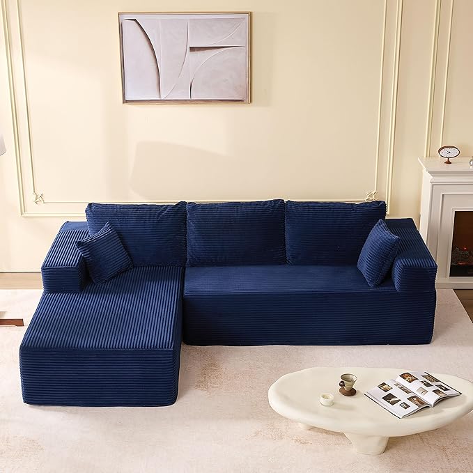 107 Boneless Couch with Deep Seat Set of Modular Sectional Sofa Cloud Sectional Couch for Living Room No Assembly Required Corduroy L-Shape Left Blue