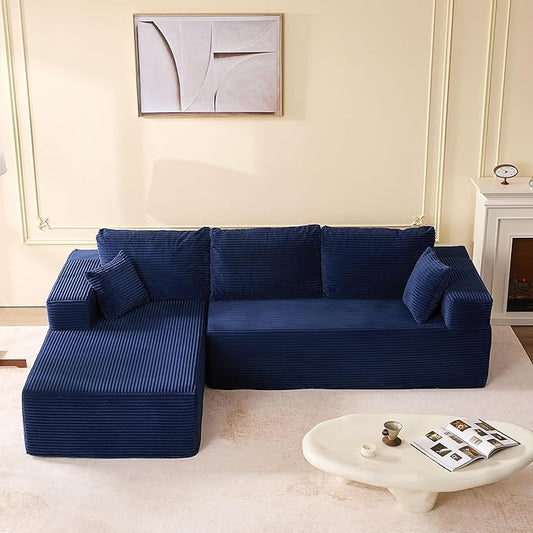 107 Boneless Couch with Deep Seat Set of Modular Sectional Sofa Cloud Sectional Couch for Living Room No Assembly Required Corduroy L-Shape Left Blue