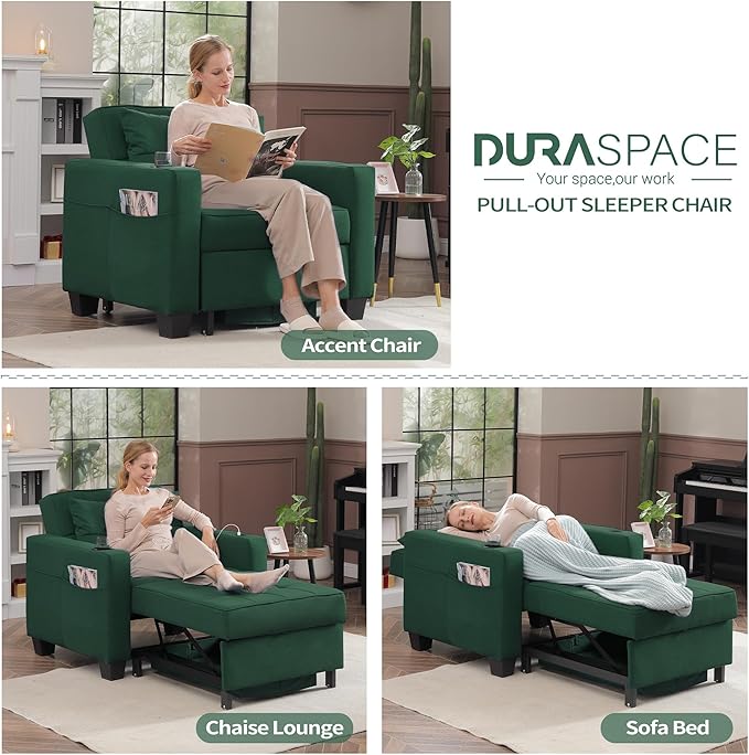 DURASPACE Pull Out Sofa Bed 3-in-1 Convertible Sofa Sleeper Chair Bed with USB Cup Holder Adjustable Armchair Beds for Small Spaces Apartment Living Room Office (Green Linen)