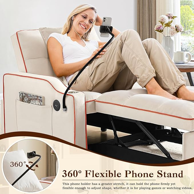 KINFFICT Sleeper Sofa Chair Bed Convertible 3-in-1 Sofa Armchair Adjustable Sleeper Chairs with Pullout Bed Single Lounger Futon Chairs with Side Pockets for Living Room (Beige)