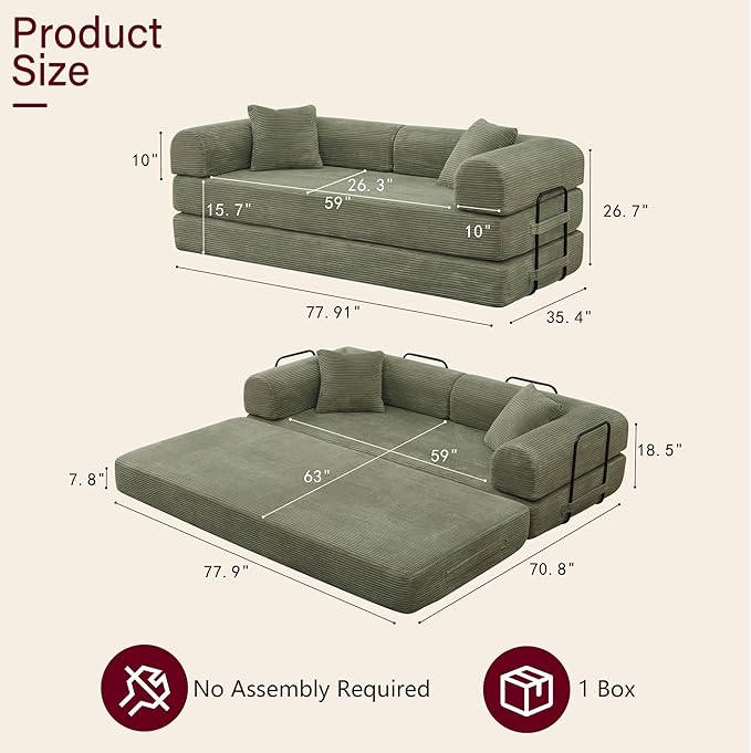 JJJ 78 inch Sofa Bed 4-in-1 Boneless Convertible Corduroy Sleeper Folding Couch with Fixed-Shape Frame and 2 Futons No Assemble Required 3 Seater Upholstered for Living Room (Light Green 78inch)
