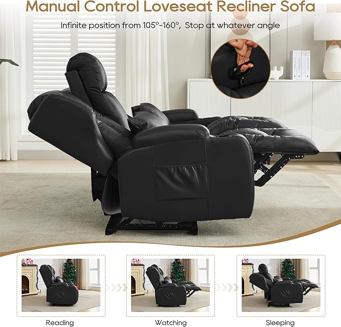 DRMBOOK RV Loveseat Recliner Sofa Double Wall Hugger Reclining Couches Manual Reclinable Movie Seating 2 Person Recliner for Travel Trailer (Leather Black 2 Seater with Reversible Console)