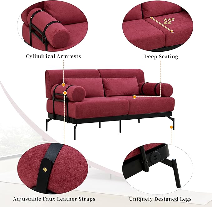 Merax Modern Loveseat Sofa 59 Sofa Couch 2-Seater Sofa with Flexible USB Ports Unique Cylindrical Armrests for Living Room Red
