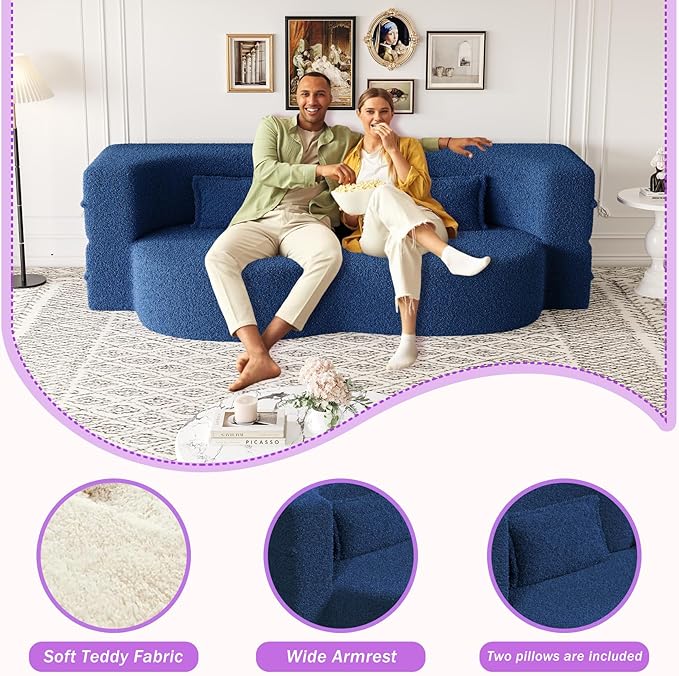 78 Teddy Folding Floor Sofa Couch BedConvertible Folding Sofa Bed Full Size Love Seat Sleeper Bed with 2 Pillows for Living Room Apartment Office (Blue)