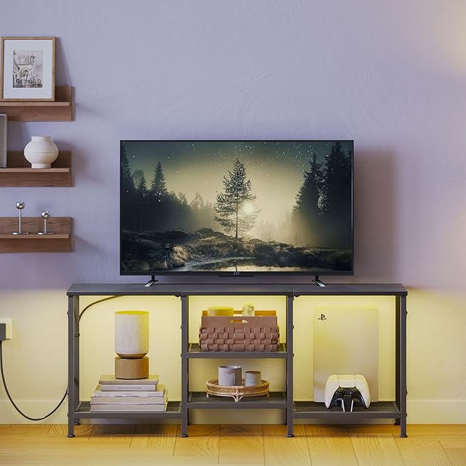 TV Stand with LED Lights for 55 Inch TV Entertainment Center with 3-Tier Open Shelves TV Console Table for Living Room Bedroom Black