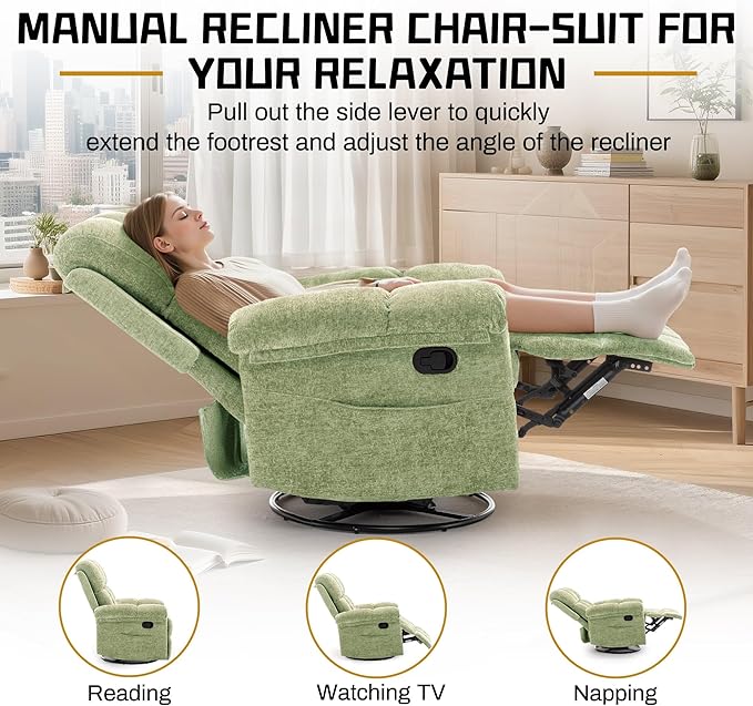 Recliner Chair Swivel Rocker Recliner Chair for Adults Small Recliners for Small Spaces Upholstered Manual Recliner with Side Pockets Nursery Rocking Chair for Living Room Chenille Green
