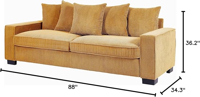 Luxe Corduroy Sofa with 5 Matching Toss Pillows Sleek Design Spacious and Comfortable 3 Seater Couch for Modern Living Room 88 Wide Ginger