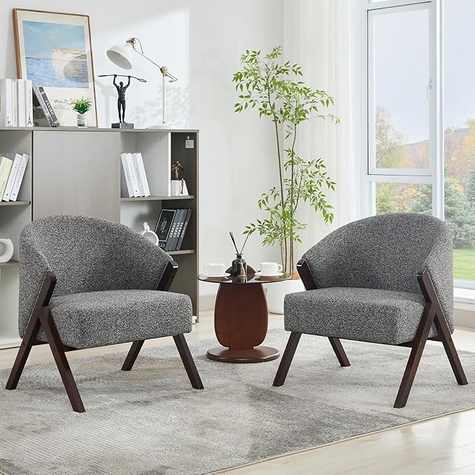 TrailBlaze Comfortable Mid-Century Modern Accent Chair for Living Room – Upholstered Reading Armchair with Sturdy Wood Frame Linen Fabric Easy Assembly – Deep Walnut Foot | Linen | Gray