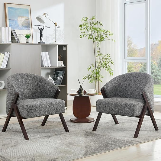 TrailBlaze Comfortable Mid-Century Modern Accent Chair for Living Room – Upholstered Reading Armchair with Sturdy Wood Frame Linen Fabric Easy Assembly – Deep Walnut Foot | Linen | Gray
