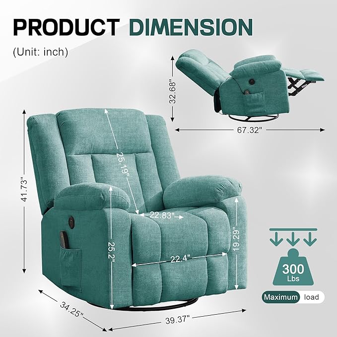 Rocker Recliner Glider Recliner Chairs for Adults 360° Swivel Rocking Chair with Massage and Heating Nursery Chair with Storage and USB Charging for Living Room Bedroom Nursery
