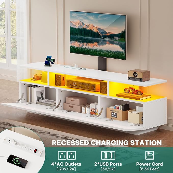 YITAHOME Modern TV Stand with Mount Entertainment Center with Power Outlet for 65 inch TVs LED Lights TV Console with Storage for Living Room White