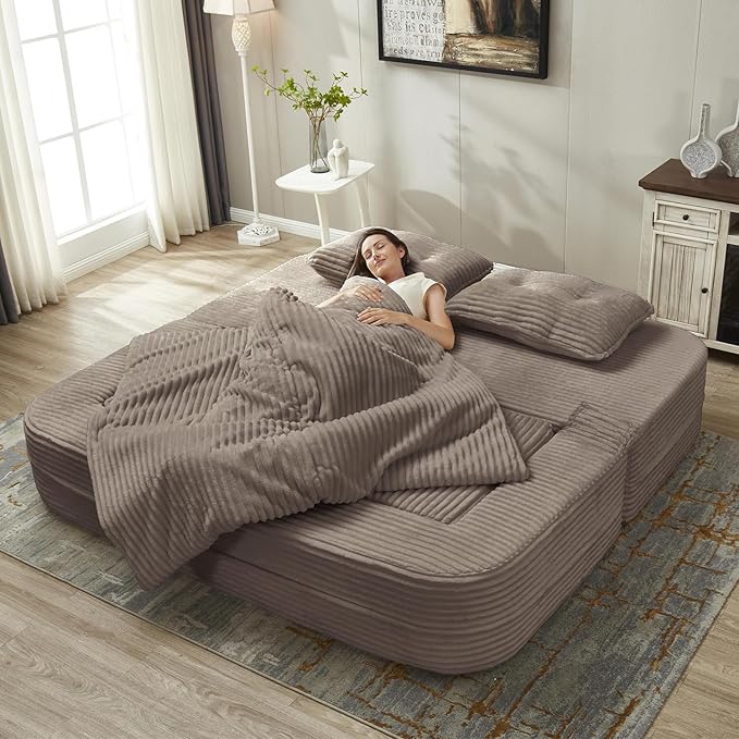 Convertible Sleeper Sofa Bed with Chaise Lounge Set80 King Folding Mattress Cloud Floor Loveseat CouchCorduroy Boneless Sectional Couch for Living Room Bedroom ApartmentCoffee