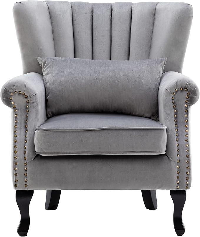 chairus Mid-Century Modern Accent Chair Comfy Single Sofa Chair Channel Back Armchair with Small Pillow for Living Roon Bedroom Club - Velvet Grey