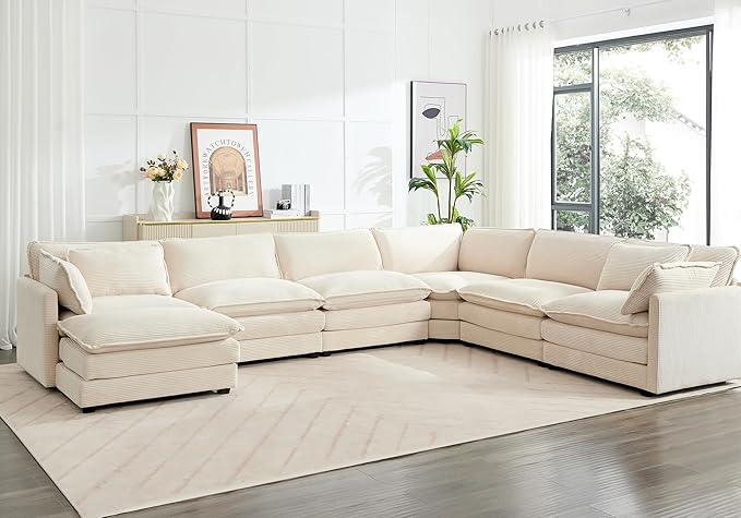 ROWHY 150'' Modular Sectional Cloud Couch 7 Seater Corner Sofa Big Comfy Corduroy V Shaped Couch with 4 Throw Pillows Convertible Chaise Ottoman Couches for Living Room Office Beige