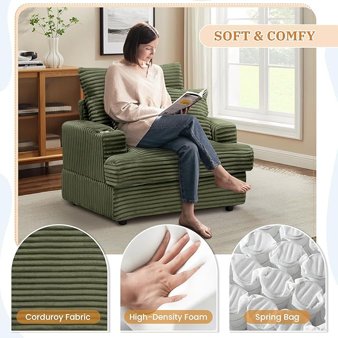Chaise Lounge Chair Indoor 39 W Plush Corduroy Oversized Chair with Ottoman Upholstered Cozy Chaise with Cup Holder Modern Deep Seat Comfy Sofa Armchair for Living Room Bedroom(Green)
