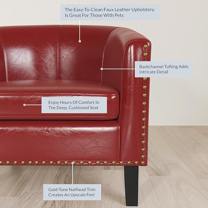 BELLEZE Accent Barrel Chair Modern Tub Club Chair Upholstered Armchair for Living Room Faux Leather Chair with Gold Nail Head Trim Black Legs - Kyara (Red)