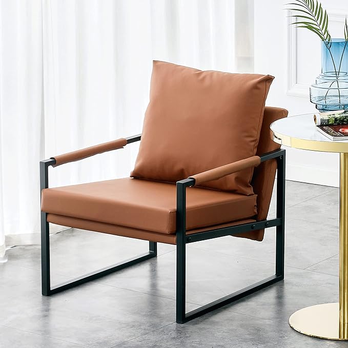 PU Leather Accent Arm Chair Mid Century Modern Upholstered Armchair with Metal Frame Extra Thick Padded Backrest and Seat Cushion Sofa Chairs for Living Room (Brown PU Leather Metal Frame Foam)