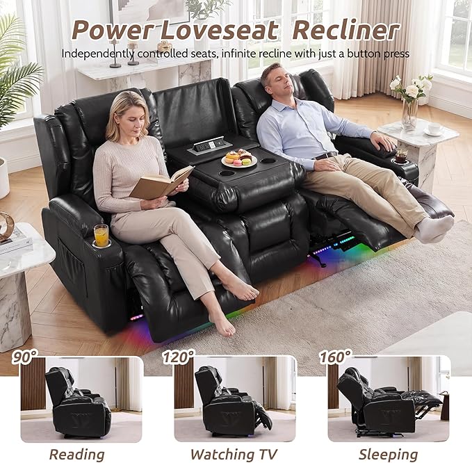 SAMERY Loveseat Recliner Sofa Power Reclining Loveseat Sofa Wall Hugger Recliners RV Couch with Flip-Backrest Solid Wood Top Ambient LED Lights USB-C Outlets Faux Leather Black | Extra Wide Se