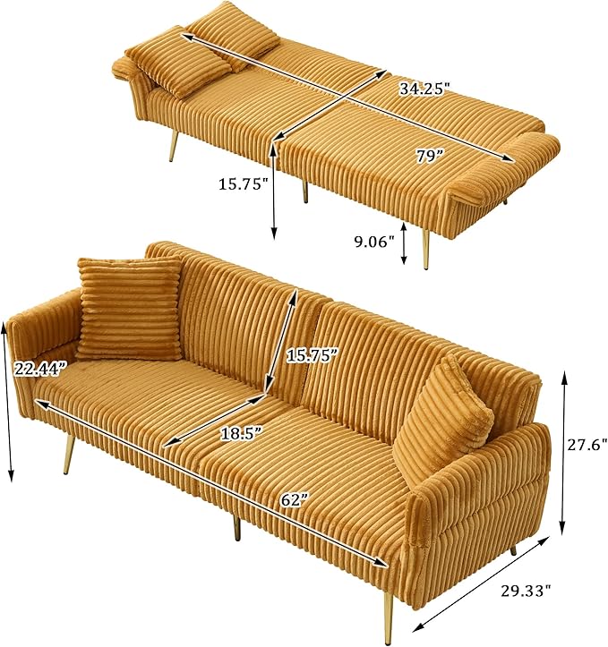 79 W Foldable Sofa BedOverstuffed Futon LoveseatComfy Upholstered Sofa Chair with Adjustable Armrests &amp BackrestConvertible Extra Deep Sleeper Sofabed for Living Room (Yellow 2 Seat)
