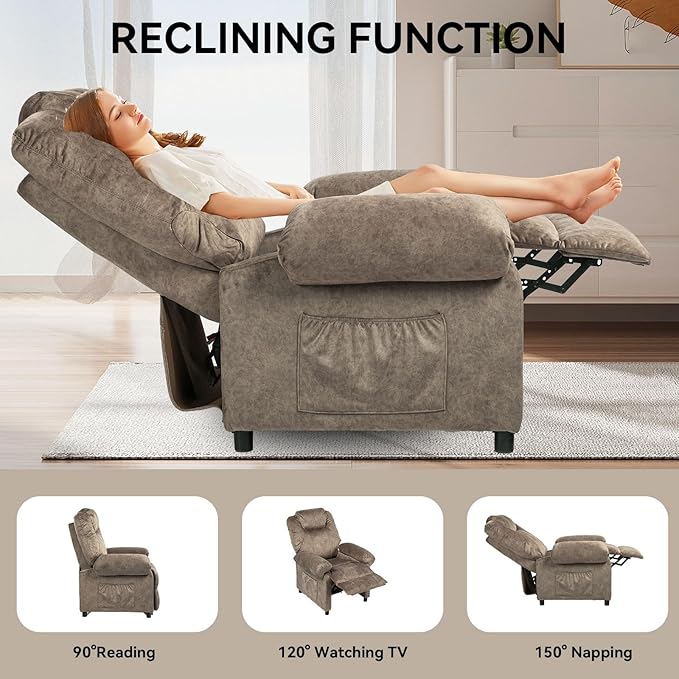 KCREAM Massage Recliner Chair with HeatOverstuffed Fabric Recliner Chairs with HeatingSmall Recliner for Living Room Bedroom Manual Reclining Single Sofa Recliners Lounge Chair for AdultBrown