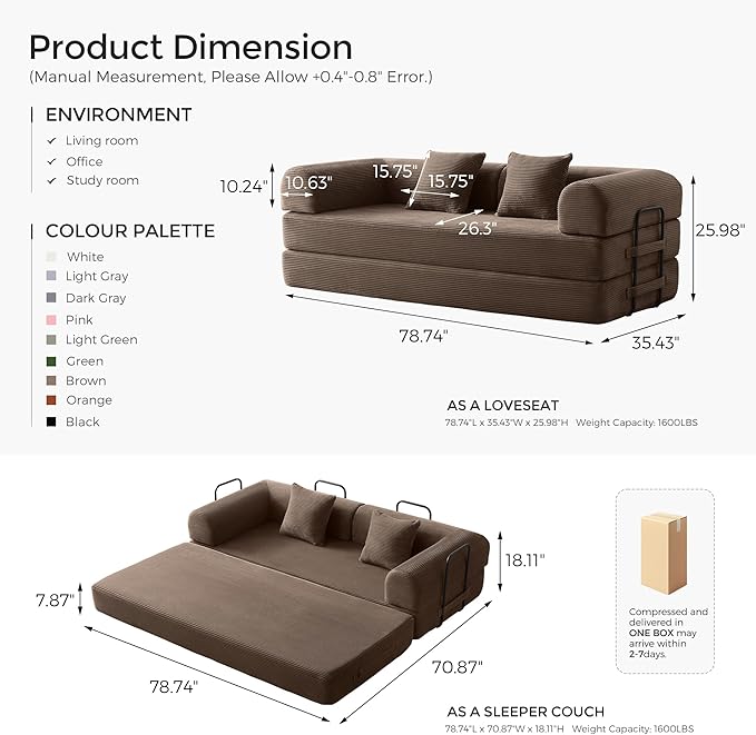 79 Convertible Sofa Bed with Fixed-Shape Frame &amp Removable Armrests Modular Corduroy Sleeper Sofa Folding Mattress Couch for Small Spaces - No Assembly Needed in Brown (Includes 2 Pillows)