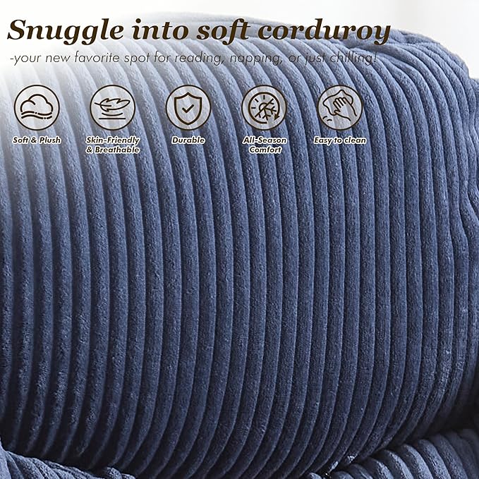 QQU Lazy Chair with Ottoman Corduroy Lounge Armchair Reading Chair with Footrest for Living Room Balcony Study (Navy)