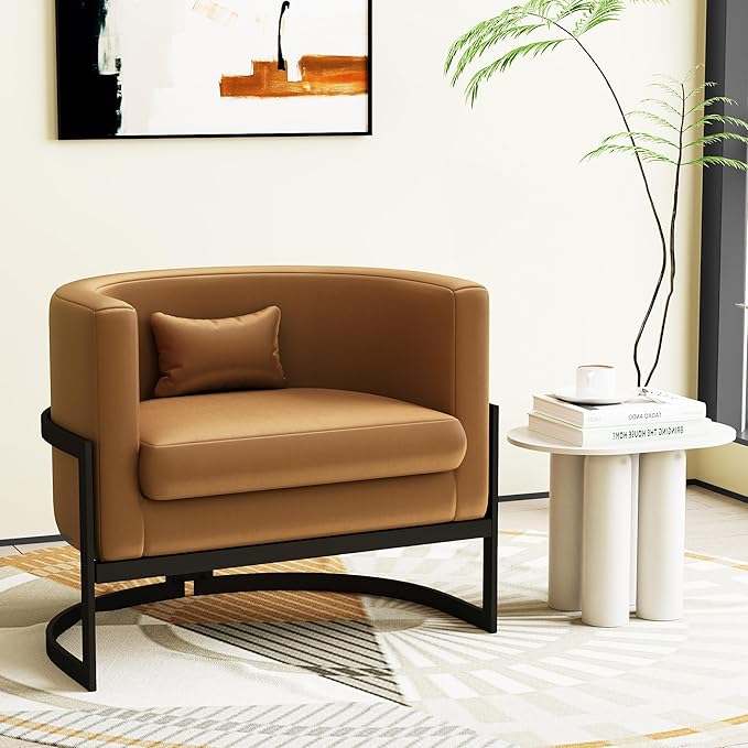 Alunaune Upholstered Modern Living Room Chairs Barrel Accent Chair Faux Leather Armchair Mid Century Lounge Chair Anti Scratch Sofa Tub Bucket Club Side Chair for Bedroom-Brown