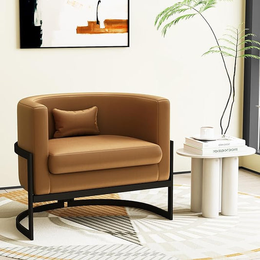 Alunaune Upholstered Modern Living Room Chairs Barrel Accent Chair Faux Leather Armchair Mid Century Lounge Chair Anti Scratch Sofa Tub Bucket Club Side Chair for Bedroom-Brown