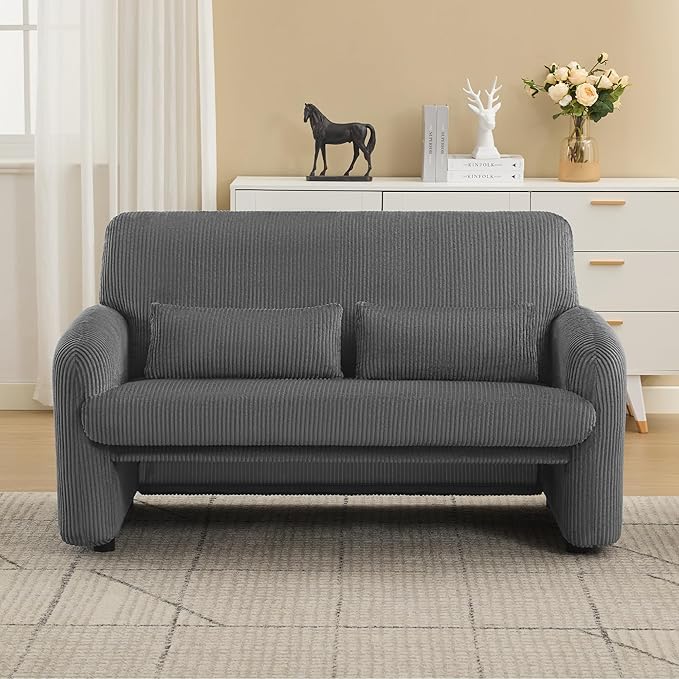 56'' Corduroy Loveseat Sofa 2 Seater Love Seat Couch for Small Space Comfy Upholstered Modern Leisure Loveseat Couches with Lumbar Pillows for Bedroom Office Living Room Grey